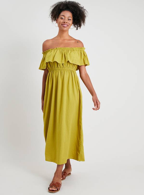 Khaki Linen-Rich Bardot Midi Dress - 16