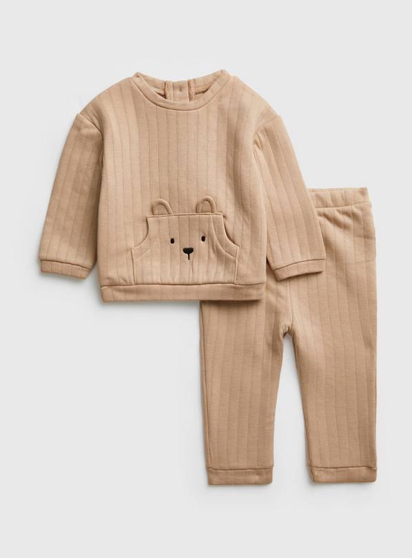Buy Beige Ribbed Bear Sweatshirt u0026 Bottoms 6-9 months | Tops | Tu