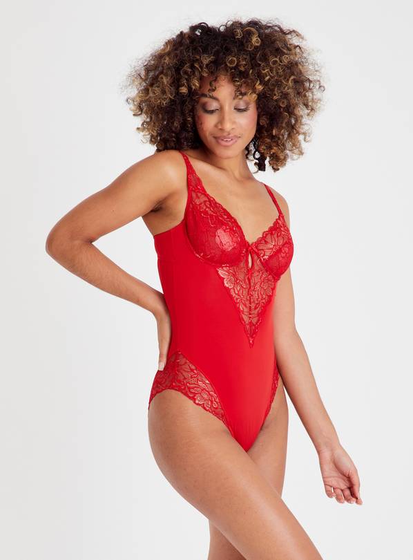 Padded-cup Lace Thong Bodysuit - Red - Ladies