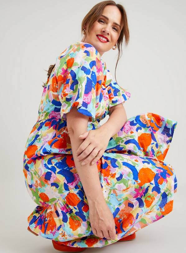Women's Plus Woven Floral Puff Sleeve Midi Dress