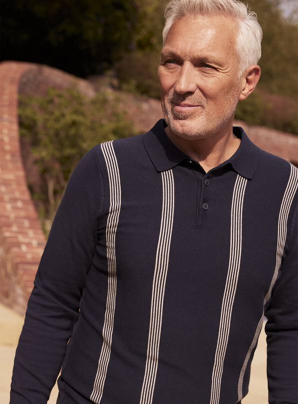 UNION WORKS Navy Stripe Knitted Polo L