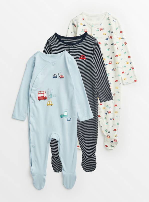 Blue Transport Print Sleepsuit 3 Pack Up to 3 mths