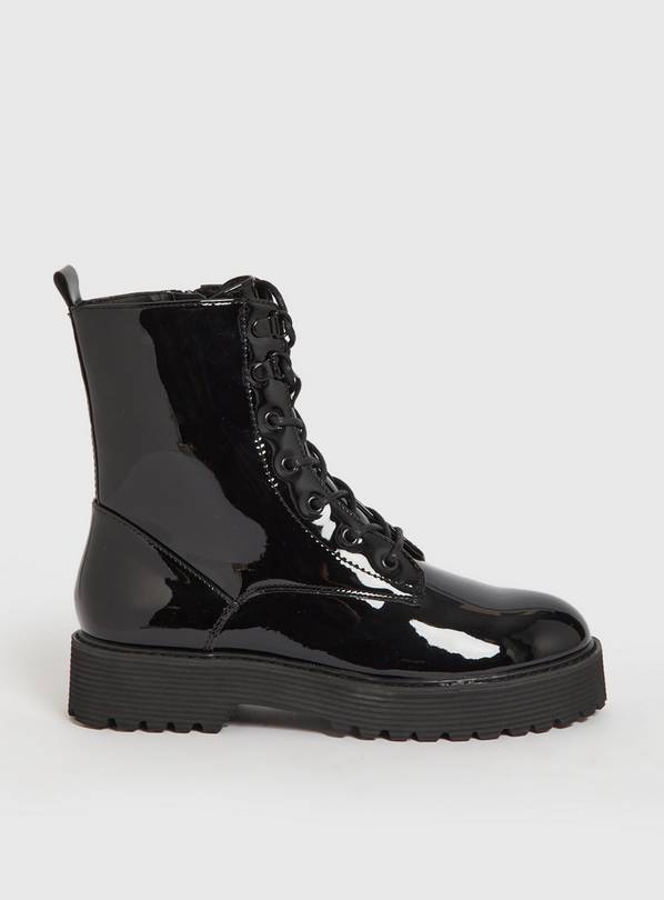 Buy Black Faux Leather Patent Lace Up Boots 7 | Boots | Tu