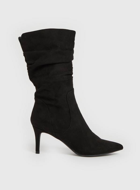 Black Faux Suede Ruched Calf Stiletto Boots 7