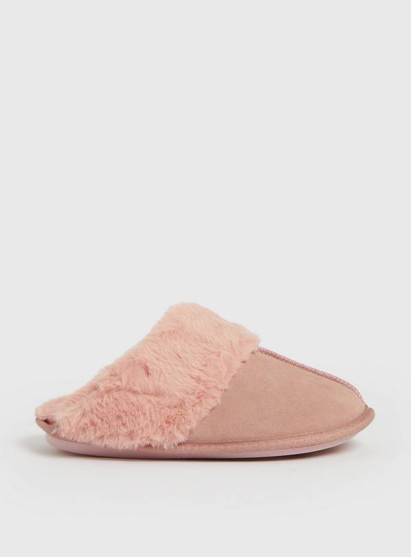 Pink Suede Mule Slippers With Faux Fur S