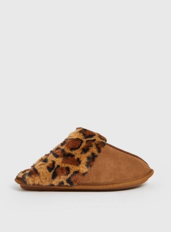 Buy Brown Leopard Suede Mule Slippers With Faux Fur L Slippers