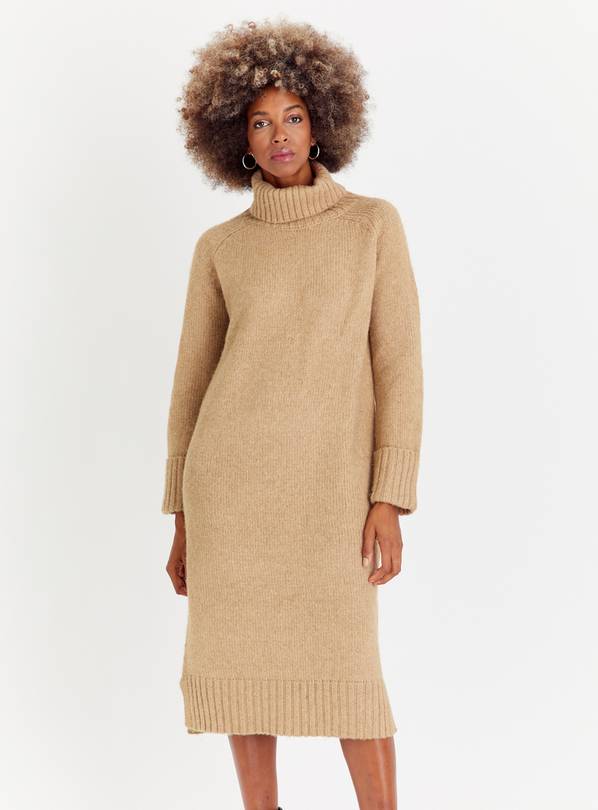 Camel Roll Neck Knitted Dress 16