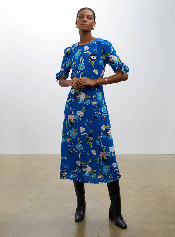 Buy FINERY Caley Blue Poppy Midi Dress - 14 | Dresses | Argos