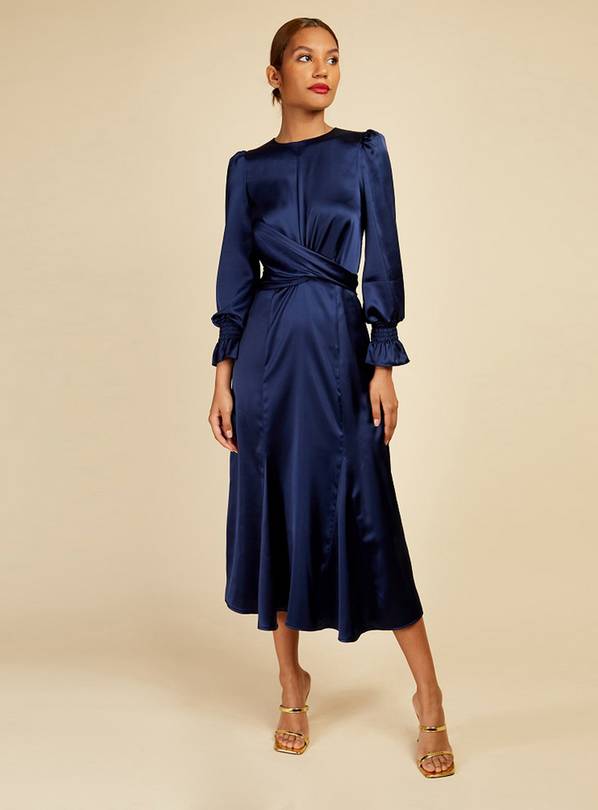 LITTLE MISTRESS Navy Satin Crossover Waist Midi Dress 18