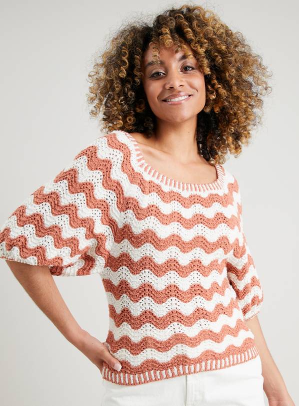 Buy Cream & Brown Wave Print Open Stitch Top - 8 | Tops | Argos