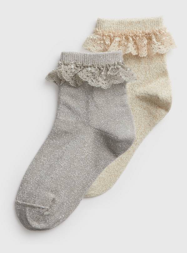 Gold & Silver Glitter Lace Frill Socks 2 Pack 6-8.5