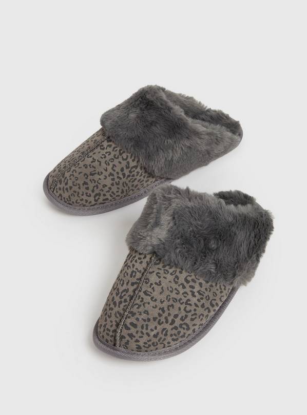 Buy Grey Leopard Suede Mule Slippers With Faux Fur L Slippers Tu