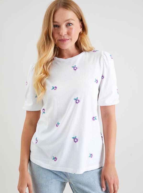 White Floral Embroidered T-Shirt 14