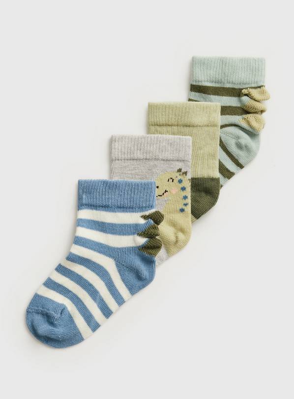 Stripe, Plain & Dinosaur Ankle Socks 4 Pack 1-6 months