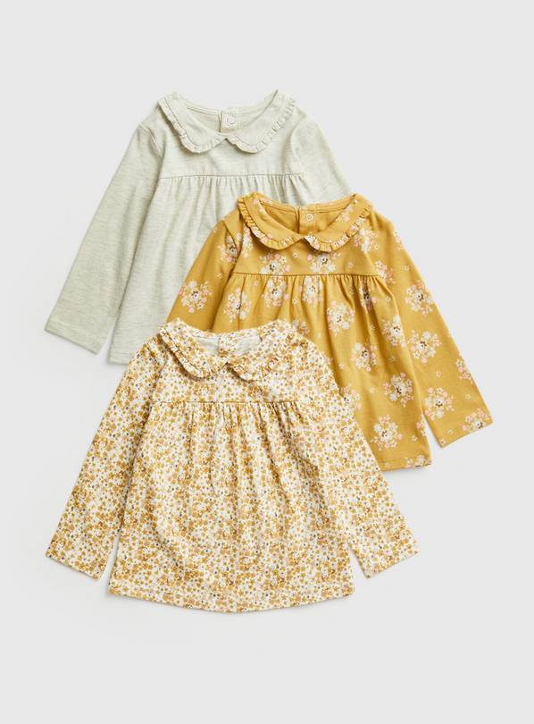 Buy Yellow Floral Ruffle Collared T-Shirts 3 Pack 6-9 months | Tops | Tu