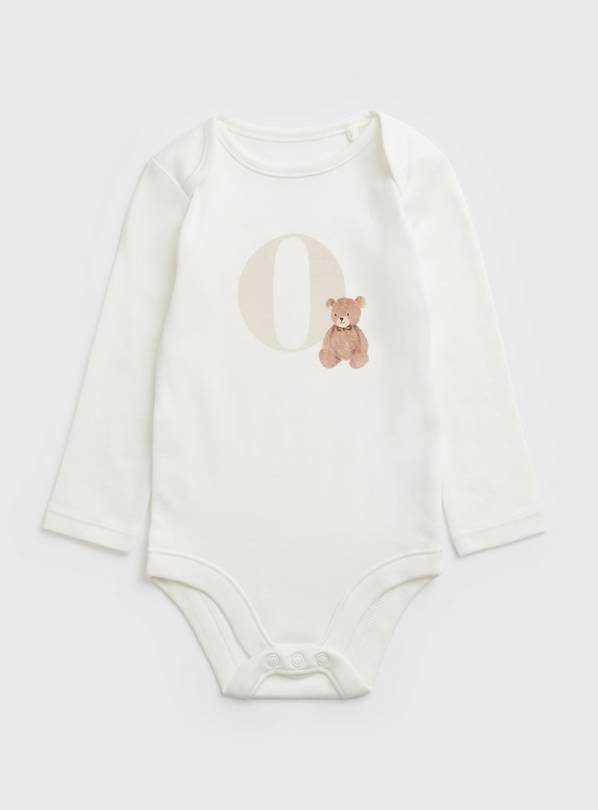 White Teddy Bear O Initial Bodysuit - Newborn