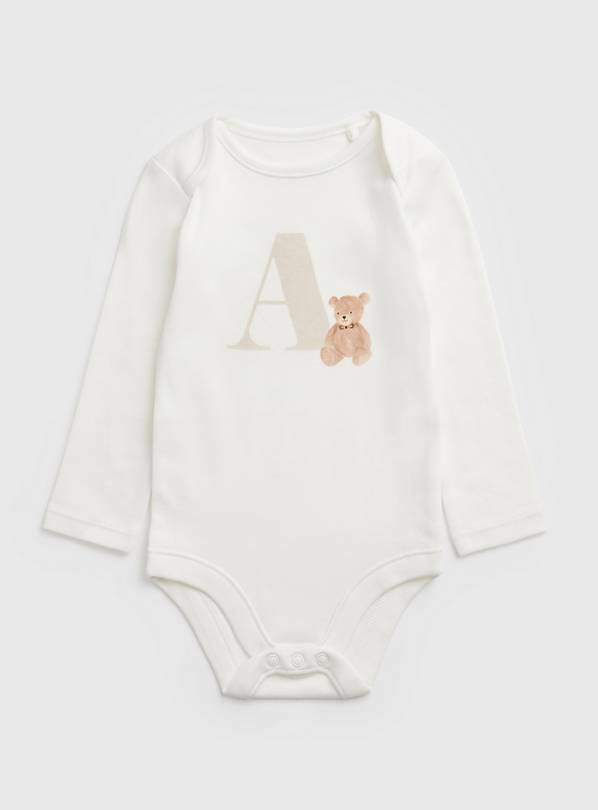 White Teddy Bear A Initial Bodysuit Newborn