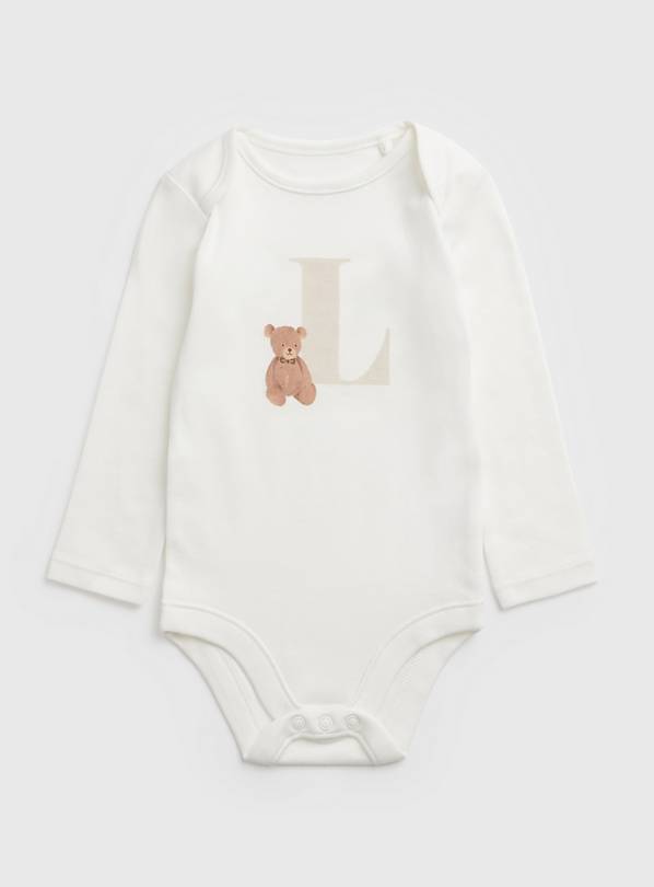 White Teddy Bear L Initial Bodysuit - Up to 3 mths