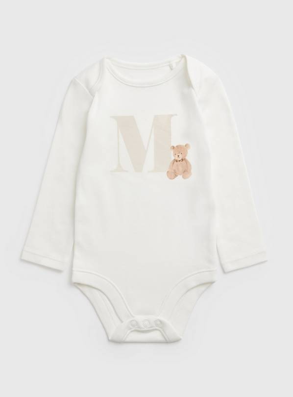 White Teddy Bear M Initial Bodysuit - Newborn