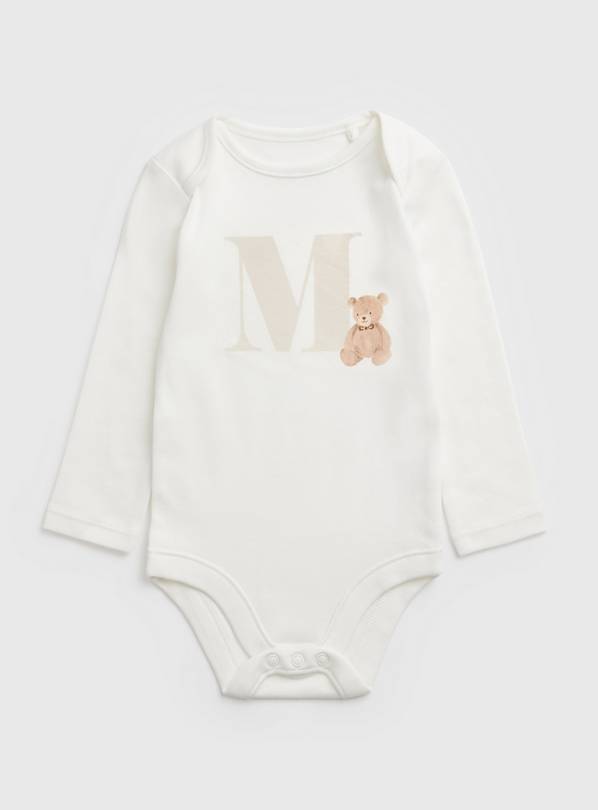 White Teddy Bear M Initial Bodysuit Up to 1 mth