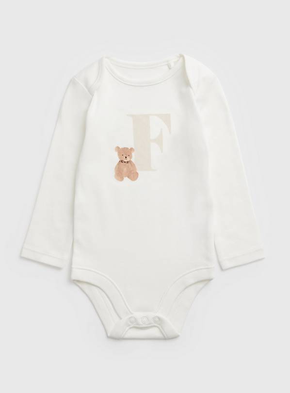 White Teddy Bear F Initial Bodysuit - Newborn