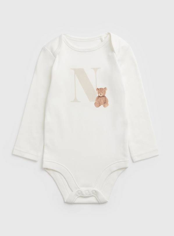 White Teddy Bear N Initial Bodysuit - Up to 1 mth