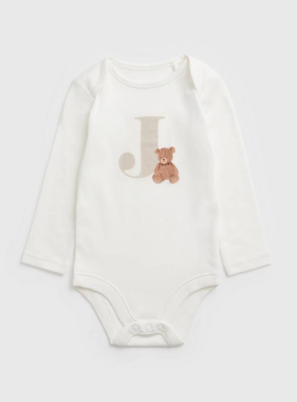 White Teddy Bear J Initial Bodysuit Newborn