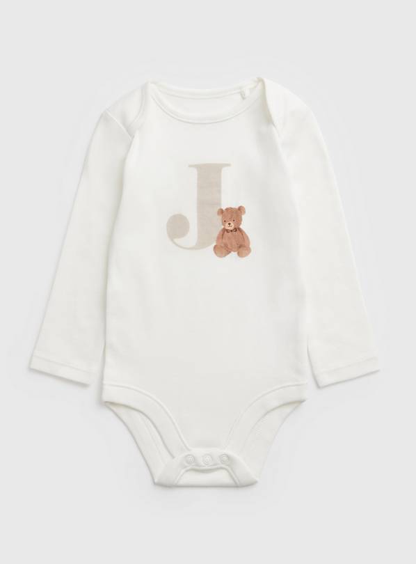 White Teddy Bear J Initial Bodysuit - Up to 1 mth
