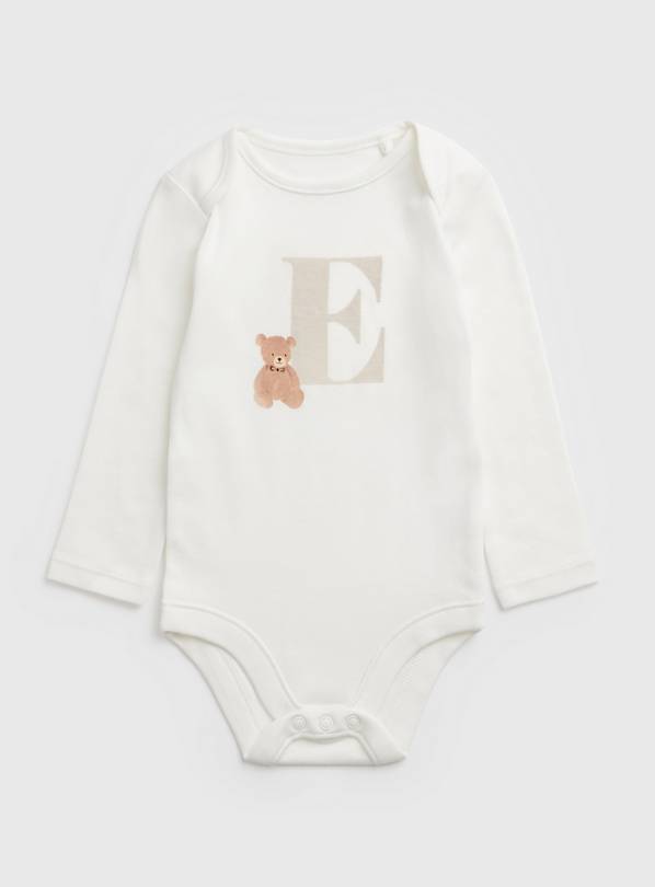 White Teddy Bear E Initial Bodysuit Newborn