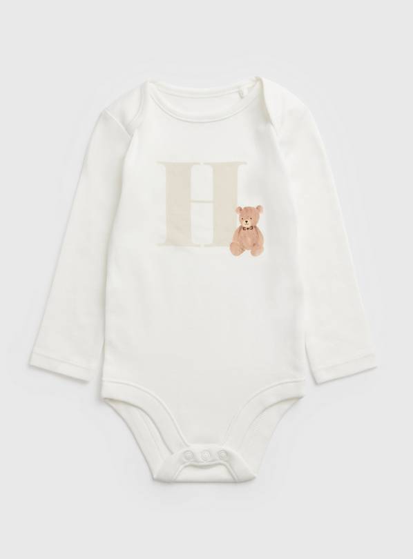 White Teddy Bear H Initial Bodysuit - Up to 1 mth
