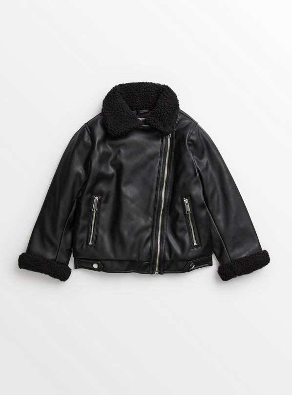 Black Faux Leather Aviator Jacket 3-4 years