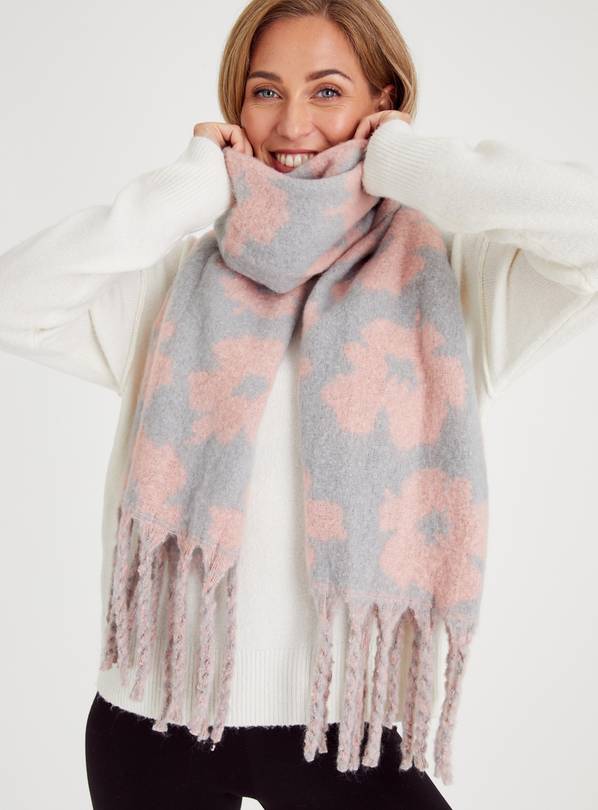 Grey & Pink Jacquard Chunky Knit Scarf One Size