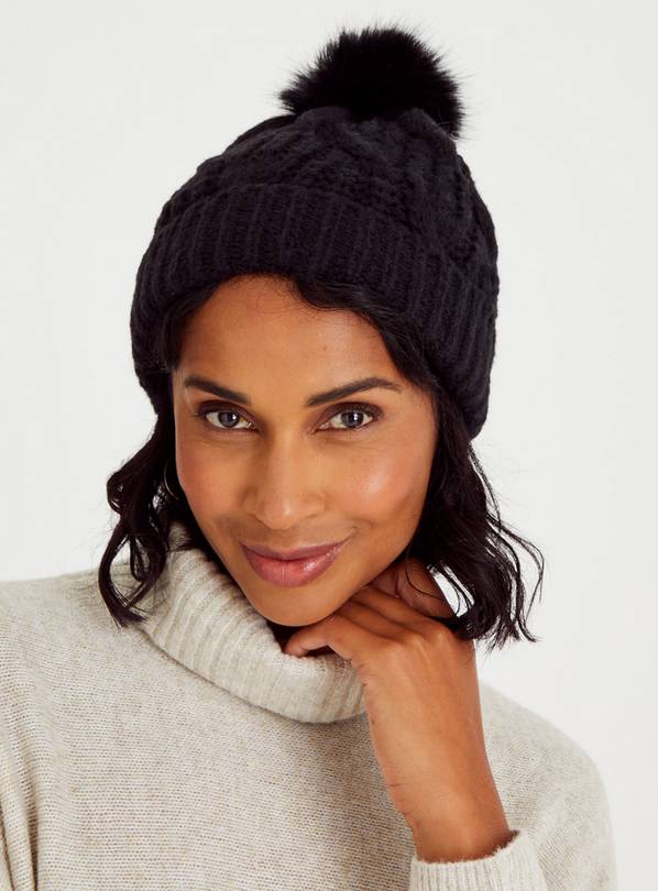 Buy Black Cable Knit Pom Pom Beanie Hat One Size | Hats | Tu