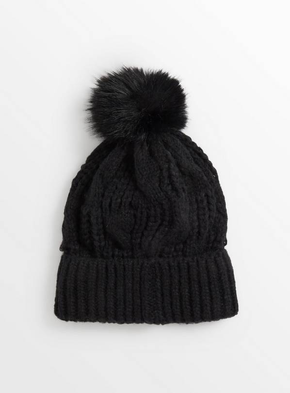 Buy Black Cable Knit Pom Pom Beanie Hat One Size | Hats | Tu