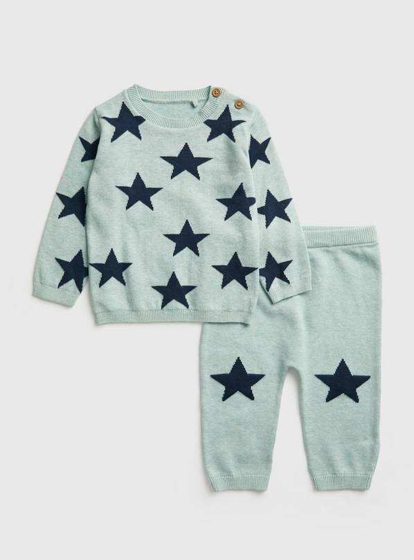 Green & Navy Star Print Knitted Top & Bottoms Up to 3 mths