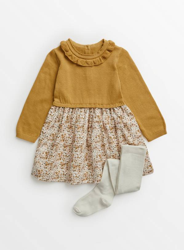 Mustard Floral Dress & Tights 2-3 years