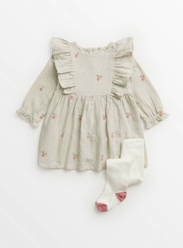 Grey Floral Embroidered Dress & Tights 6-9 months