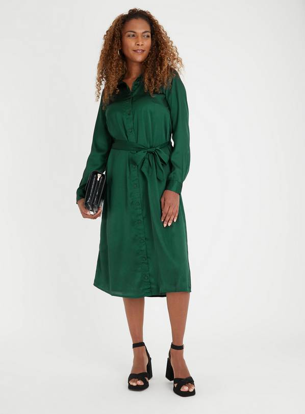 Satin Shirt Dress - Dark green - Ladies