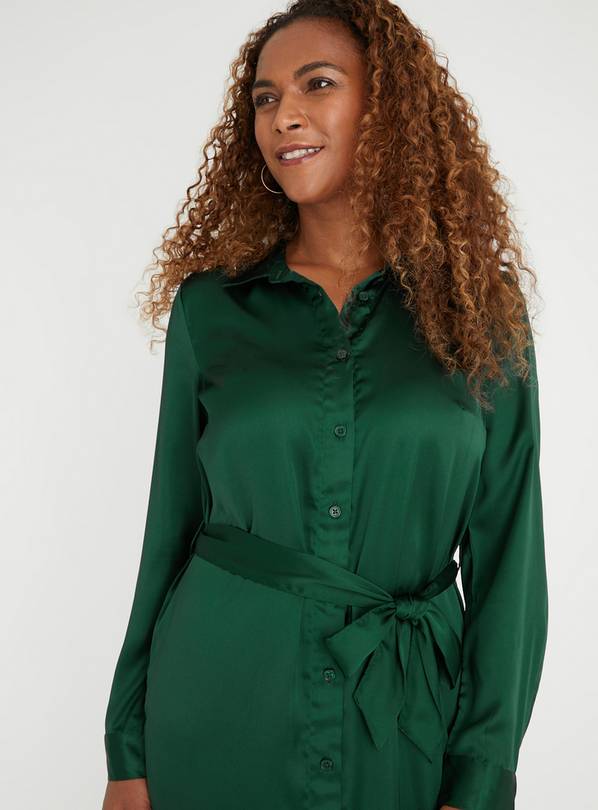 Satin Shirt Dress - Dark green - Ladies