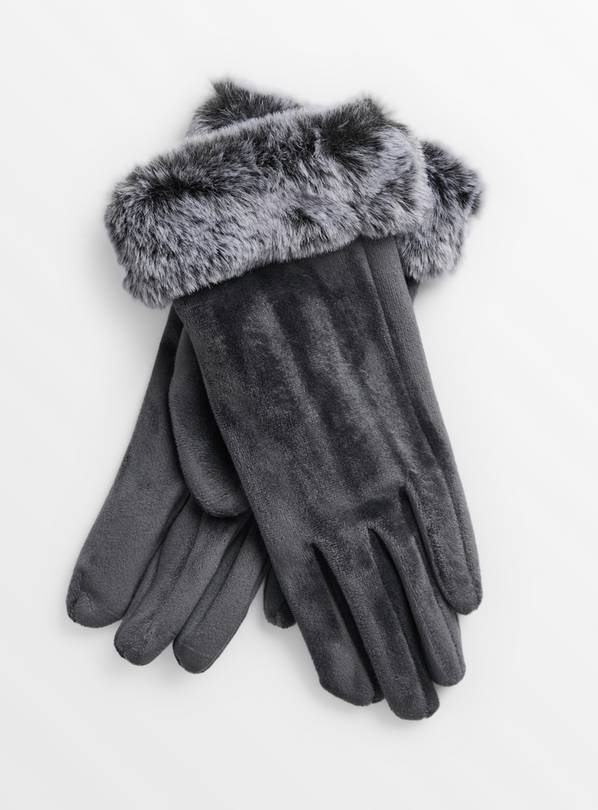 Grey Faux Fur Cuff Gloves One Size
