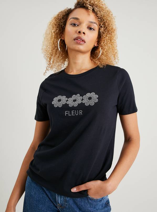 Navy Embellished Flower T-Shirt 8