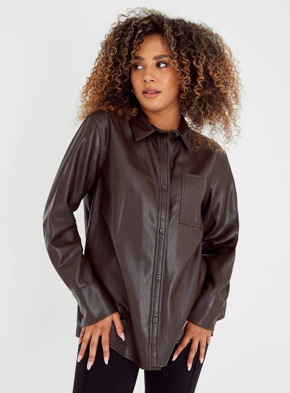 Chocolate Brown Faux Leather Relaxed Shirt 16