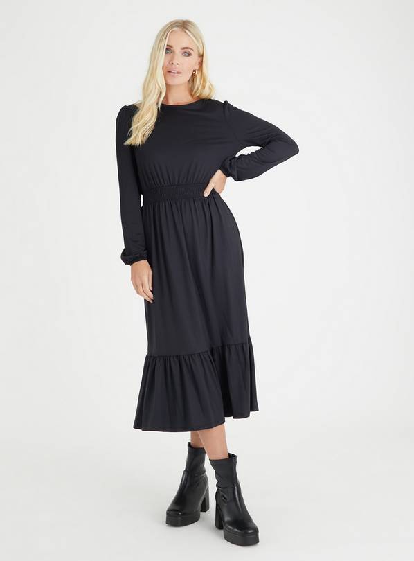 Black Jersey Shirred Waist Midi Dress 16