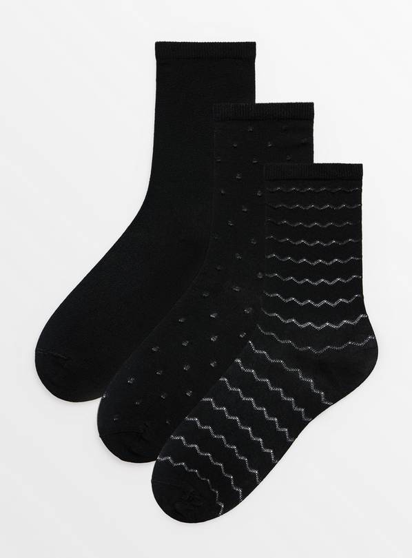 Black Patterned Ankle Socks 3 Pack 4-8