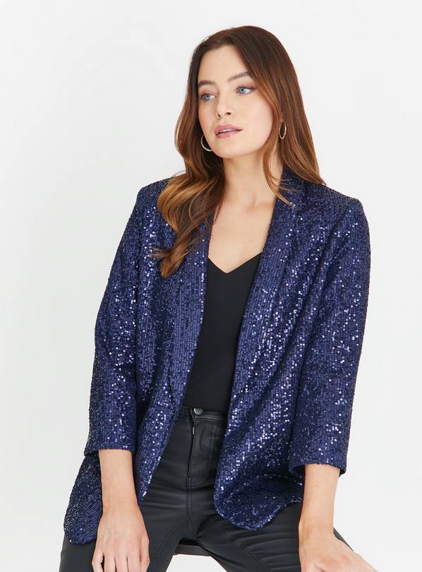 Navy Blue Sequin Patterned Party Blazer | Wessi