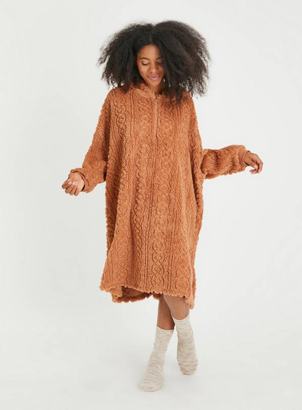 Brown Textured Fleece Hooded Blanket L
