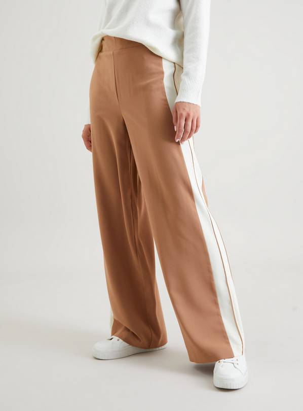 Petite brown side stripe wide leg joggers