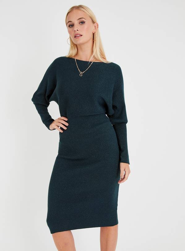 Buy Green Sparkle Slash Neck Knitted Dress One Size | Dresses