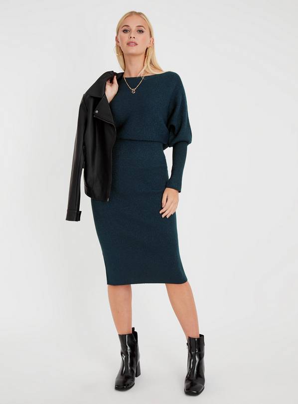 Buy Green Sparkle Slash Neck Knitted Dress One Size | Dresses | Tu