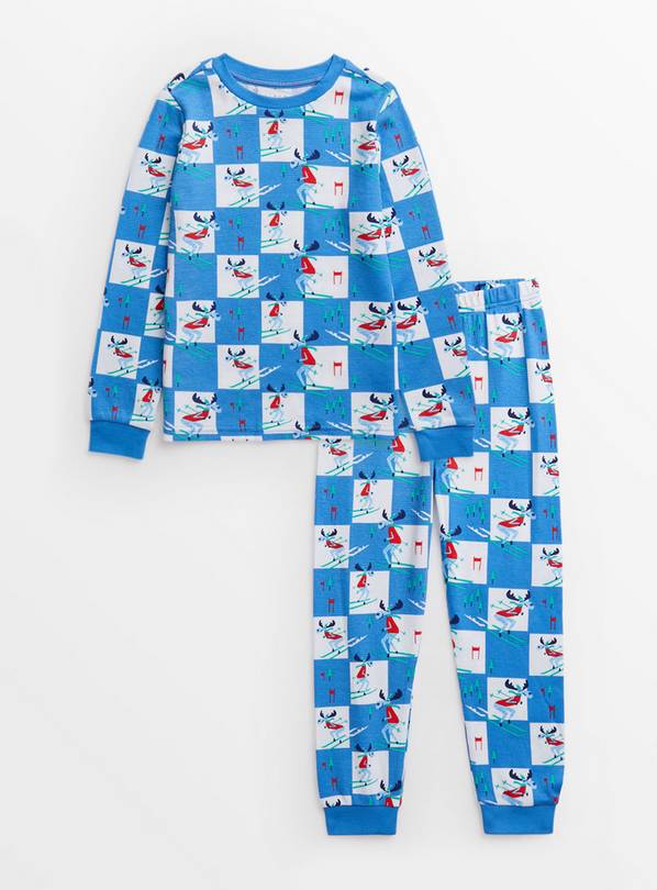 Buy Blue & White Check Waffle Skiing Moose Pyjamas 4-5 years